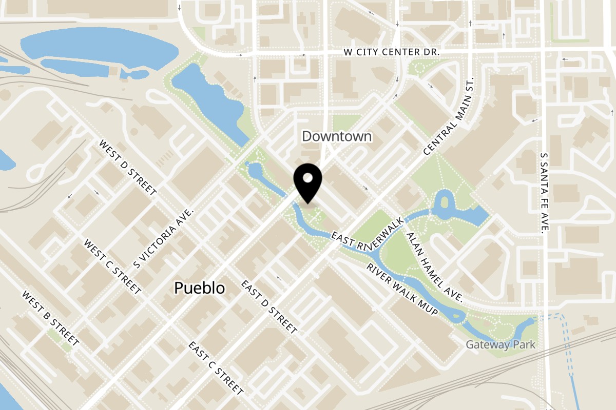 Map showing the location of Angelo's Pizza Parlor on 105 E Riverwalk in Pueblo